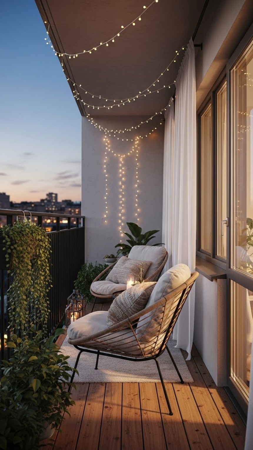 Cozy apartment balcony with warm string lights, woven lounge chair, neutral cushions, sheer curtains, wooden flooring, and lush greenery for small outdoor living inspiration.