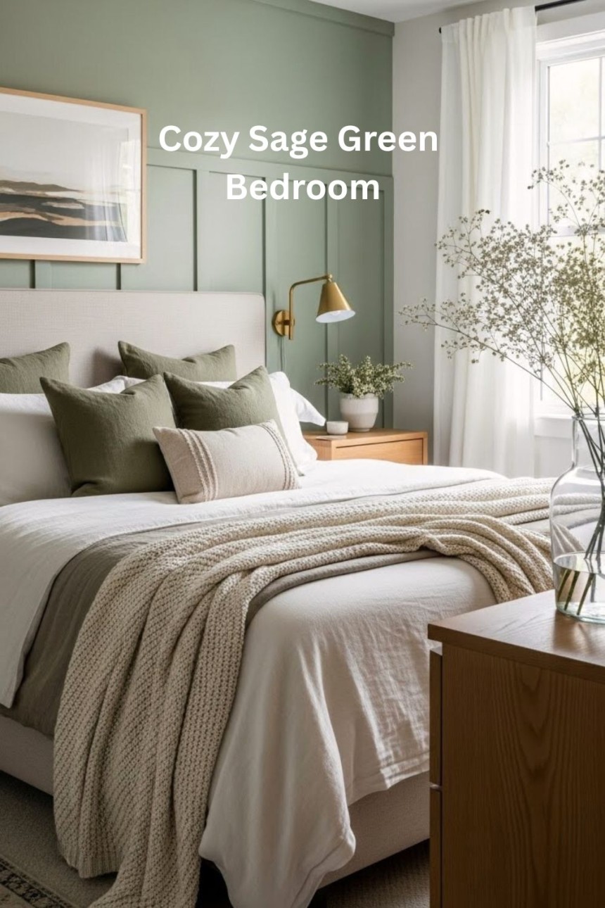 Cozy sage green bedroom featuring an upholstered bed, layered neutral bedding, green accent wall, brass wall lamp, sheer curtains, and natural textures for a calm modern look.