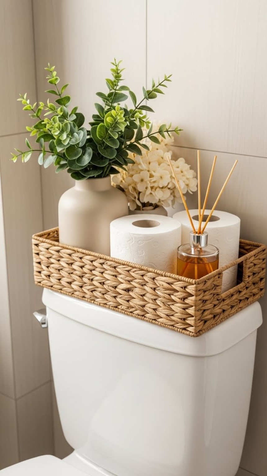 Minimal cozy bathroom decor featuring a woven wicker basket on top of a white toilet tank, styled with toilet paper rolls, a glass reed diffuser, a ceramic vase with eucalyptus greenery, and neutral-toned flowers for a spa-like aesthetic.