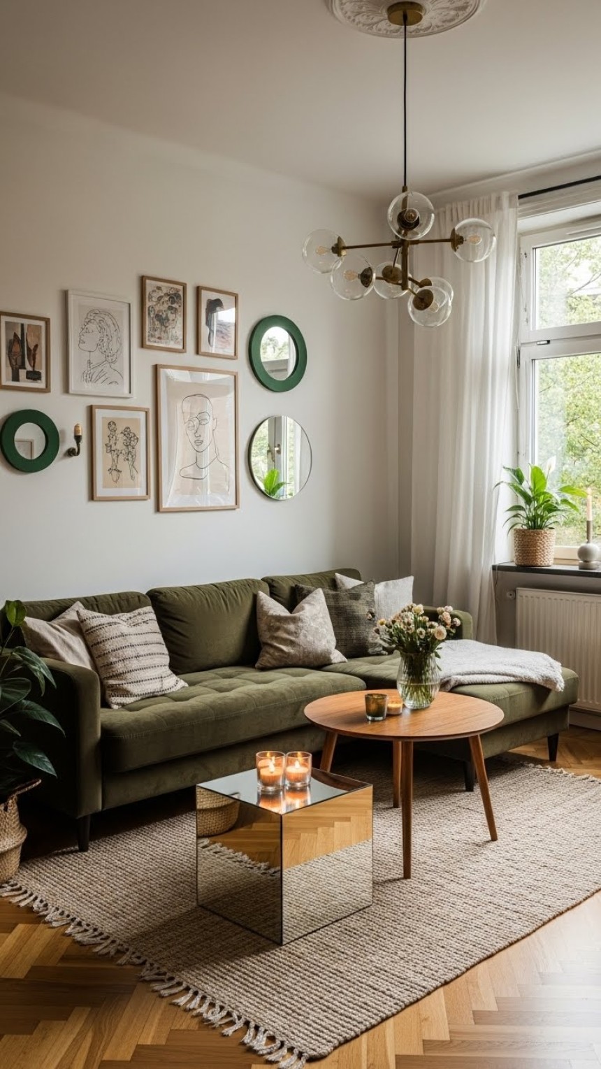 Cozy small living room featuring a green velvet sofa, warm wooden coffee table, soft neutral rug, glass side table with candles, wall art gallery, indoor plants, and natural light creating a modern and inviting space.