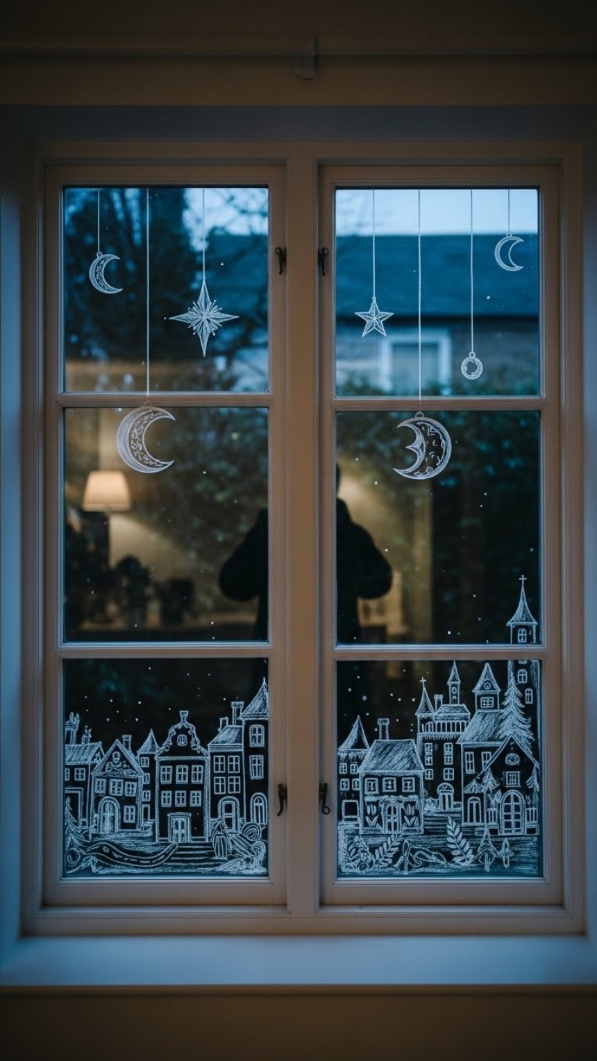 White framed windows decorated with chalk art featuring a whimsical town scene, crescent moons, stars, and hanging celestial ornaments against twilight sky