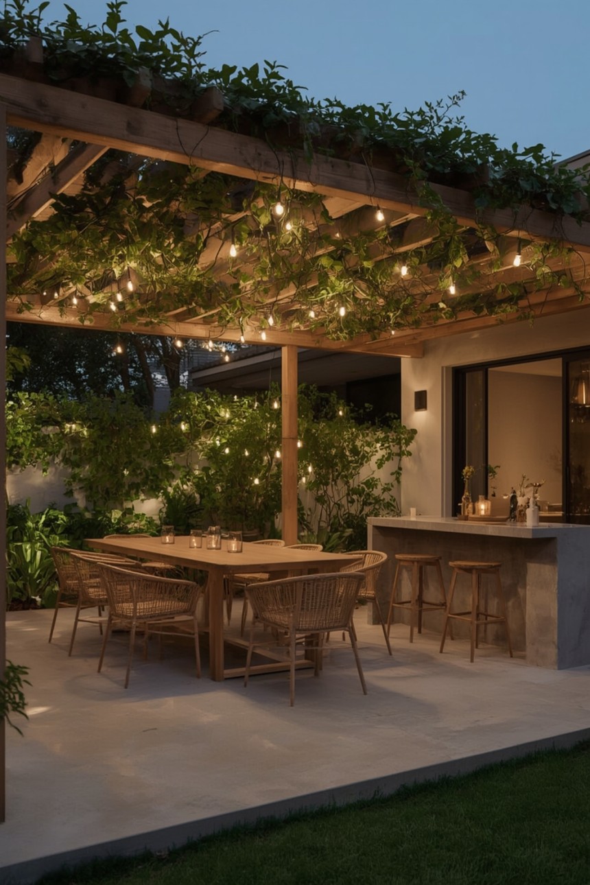 Modern outdoor patio dining area with wooden pergola, warm string lights, woven rattan chairs, neutral dining table, greenery, and minimalist outdoor bar in a luxury garden setting.