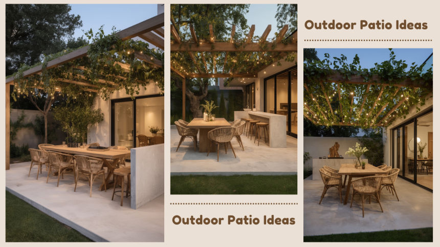 Modern outdoor patio dining area with wooden pergola, warm string lights, woven rattan chairs, neutral dining table, greenery, and minimalist outdoor bar in a luxury garden setting.