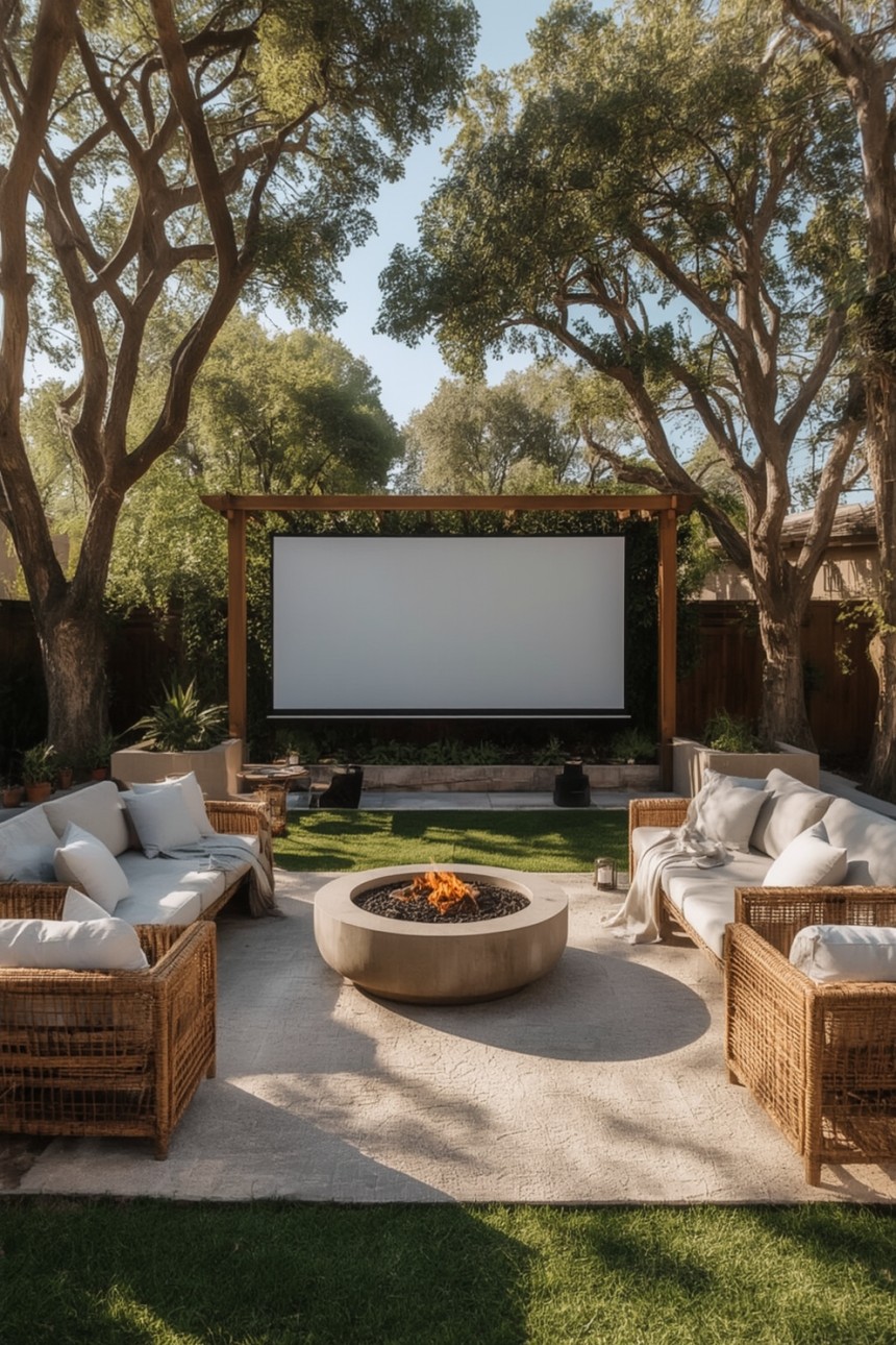Luxury backyard outdoor cinema with large projector screen, wooden pergola, woven rattan seating, fire pit, greenery, and cozy evening lighting.