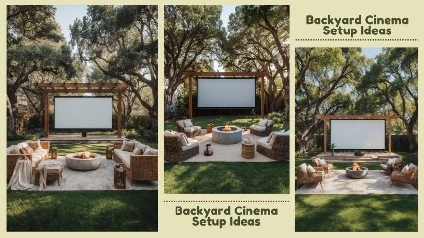 Luxury backyard outdoor cinema with large projector screen, wooden pergola, woven rattan seating, fire pit, greenery, and cozy evening lighting.
