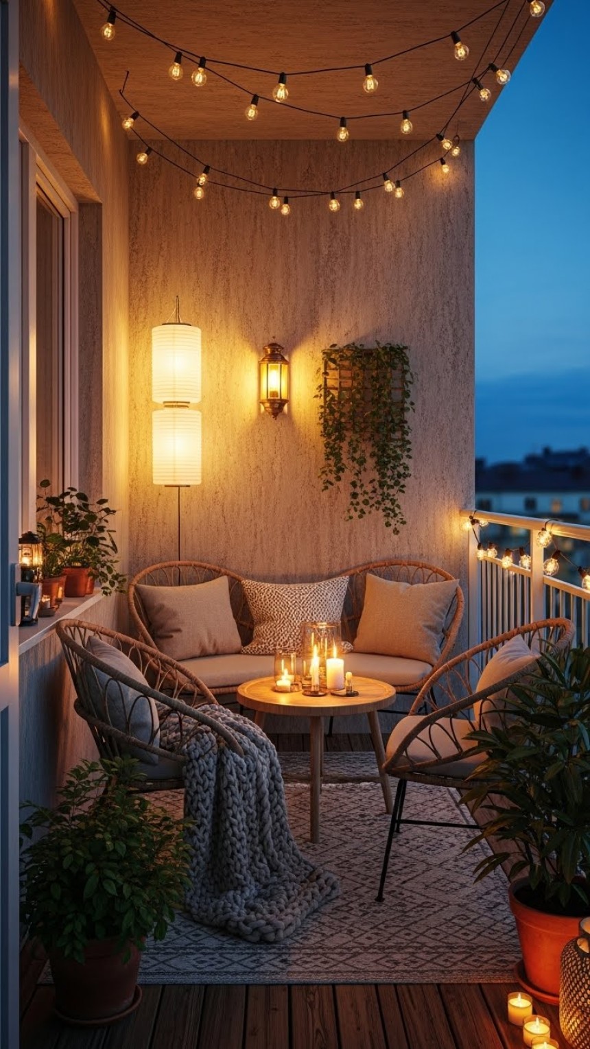 Cozy boho balcony with warm string lights, paper lanterns, rattan furniture, candles, and potted plants at night