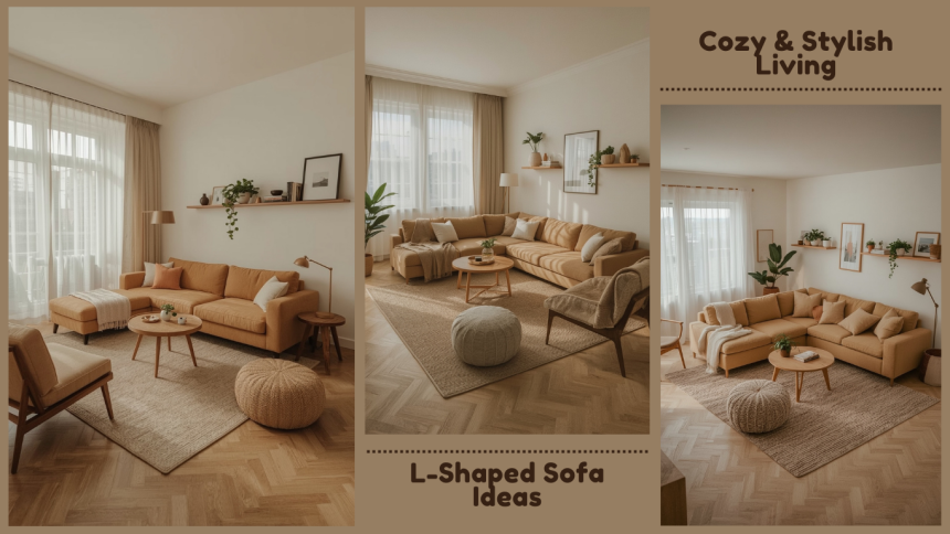 L-shaped sofa living room layout for small apartments with cozy decor, neutral colors, and modern styling